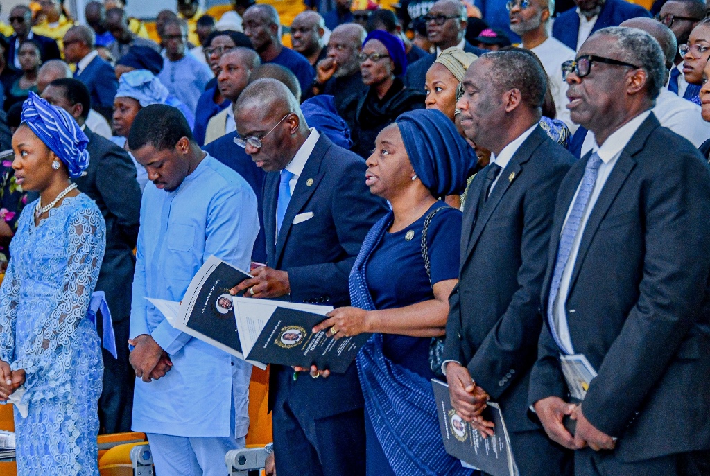 GOV. SANWO-OLU, HIS WIFE, DEP GOV. HAMZAT AT THE FUNERAL SERVICE OF GBOYEGA SOYANNWO, DEPUTY CHIEF OF STAFF, AT THE RCCG, CITY OF DAVID PARISH